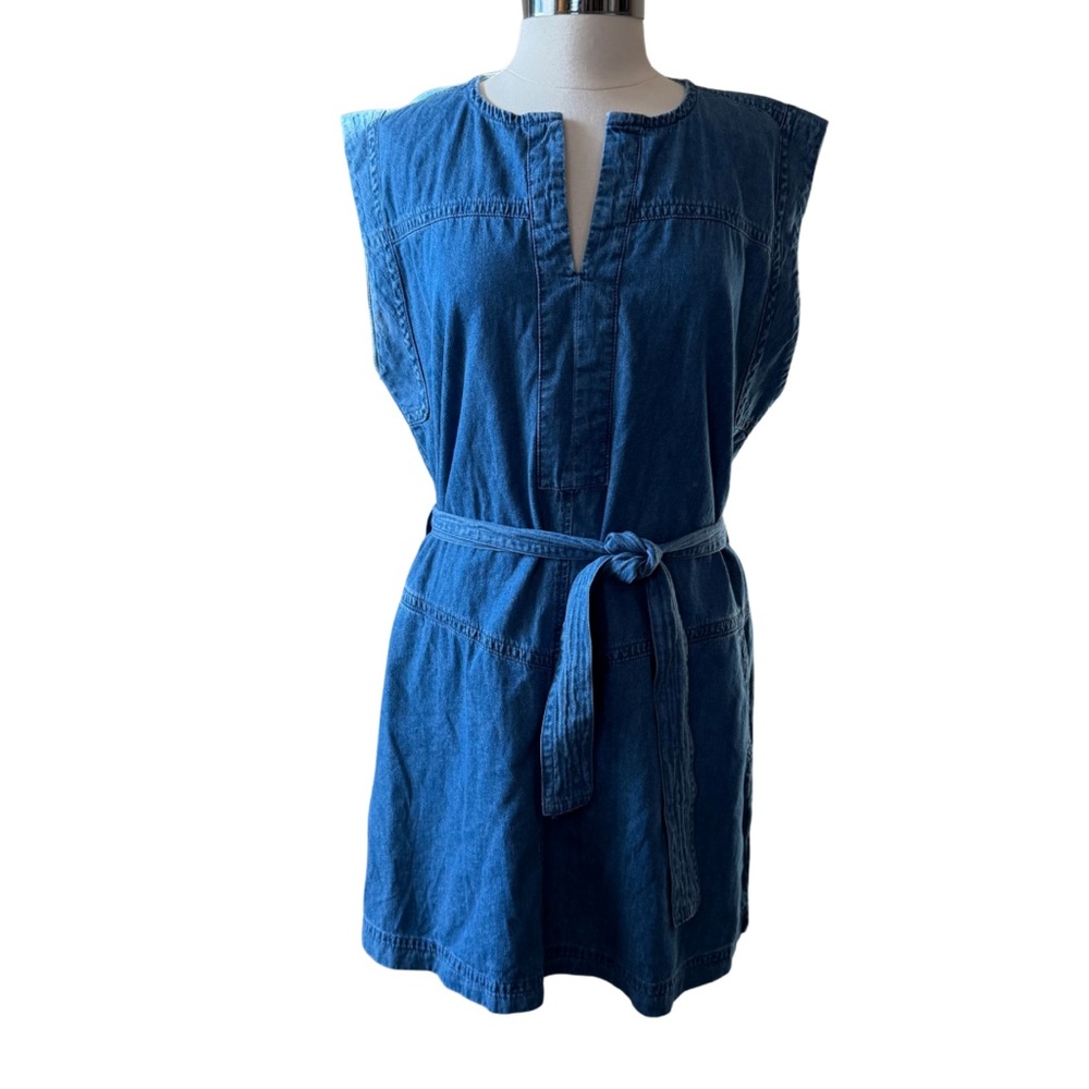 MAURICES Blue Denim Sleeveless Dress Size XL Belted Split Neck
